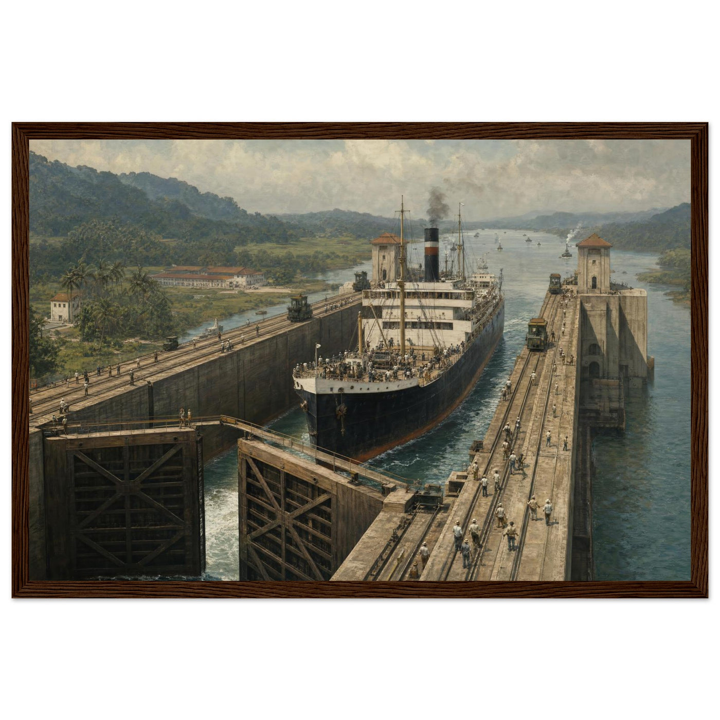 Wooden framed print of the Panama Canal — room view, ready to hang.