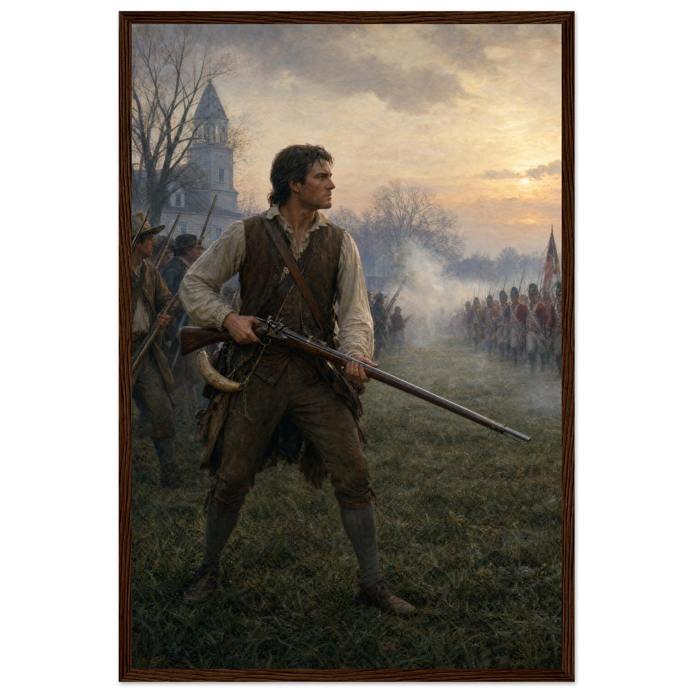Framed print of a minuteman at the dawn of the Revolution, ready to hang.