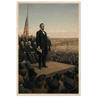 Framed art print of President Lincoln delivering the Gettysburg Address before a vast crowd, in a solid wood frame.