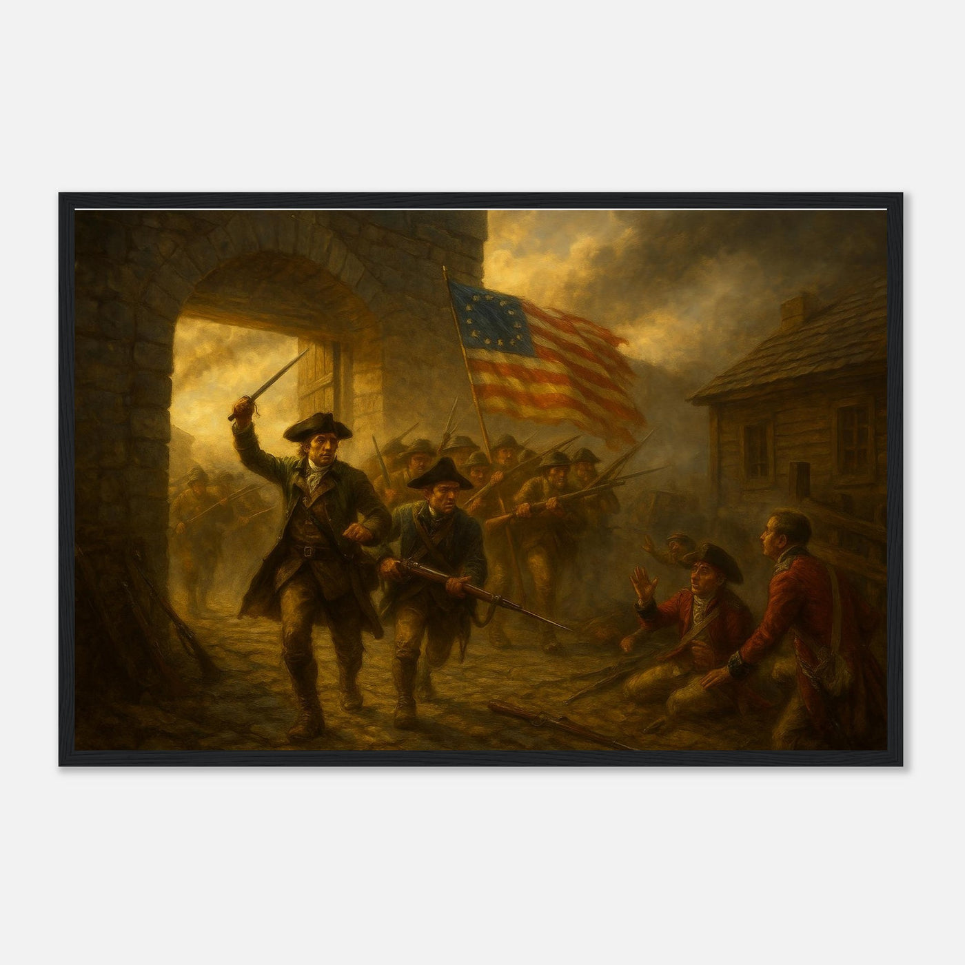 Framed print of the capture of Fort Ticonderoga, ready to hang.