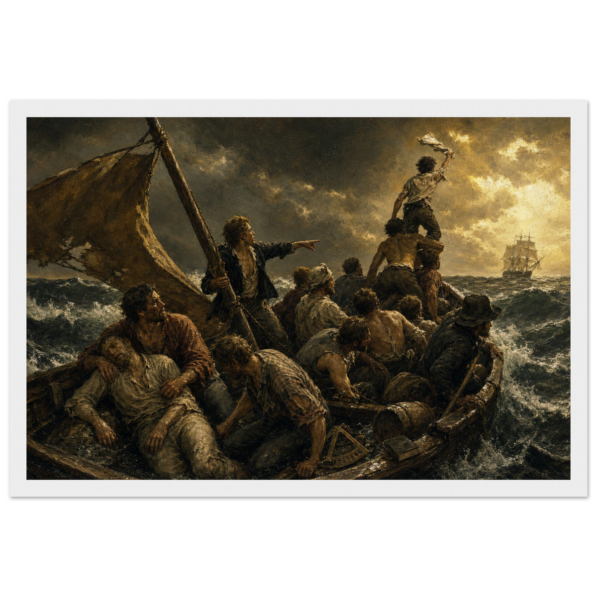 The Wreck of the Essex — framed fine art print of shipwrecked whalemen crowded in an open boat, one waving a shirt at a distant ship, in a white frame