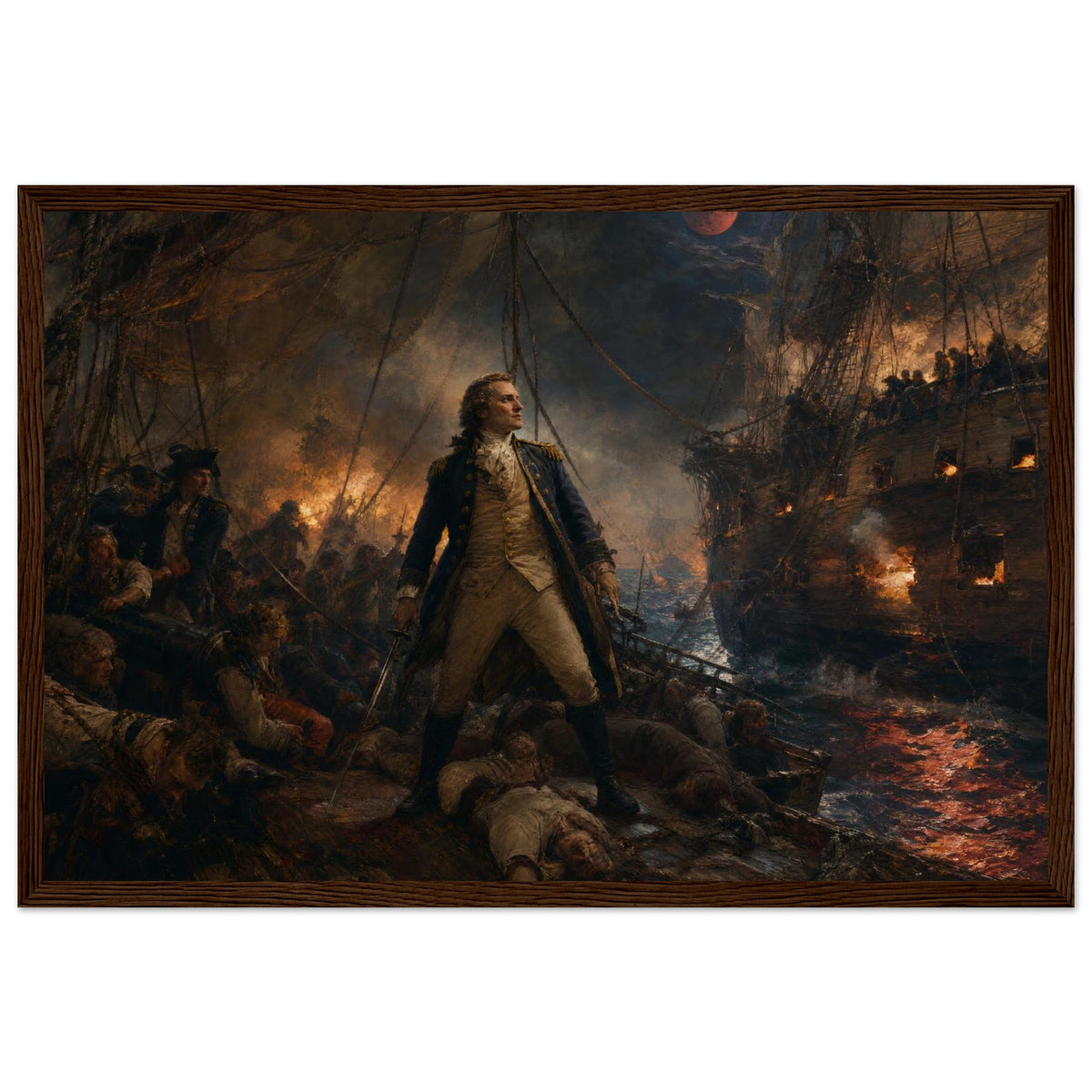 Battle at Sea — framed print of a Revolutionary-era naval officer standing on a burning ship deck among wounded sailors