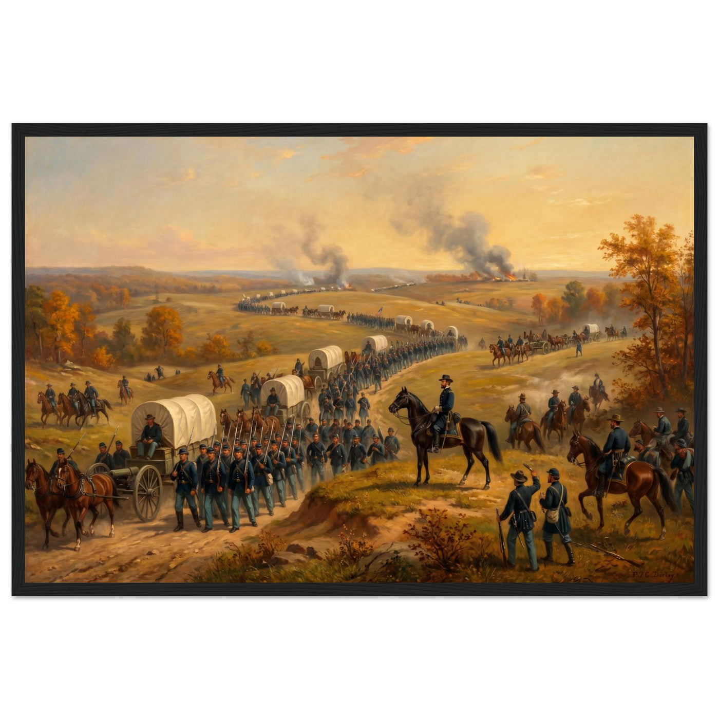 Framed panoramic art print of a Civil War cavalry and wagon column marching at sunset, in a solid wood frame.