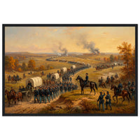 Framed panoramic art print of a Civil War cavalry and wagon column marching at sunset, in a solid wood frame.