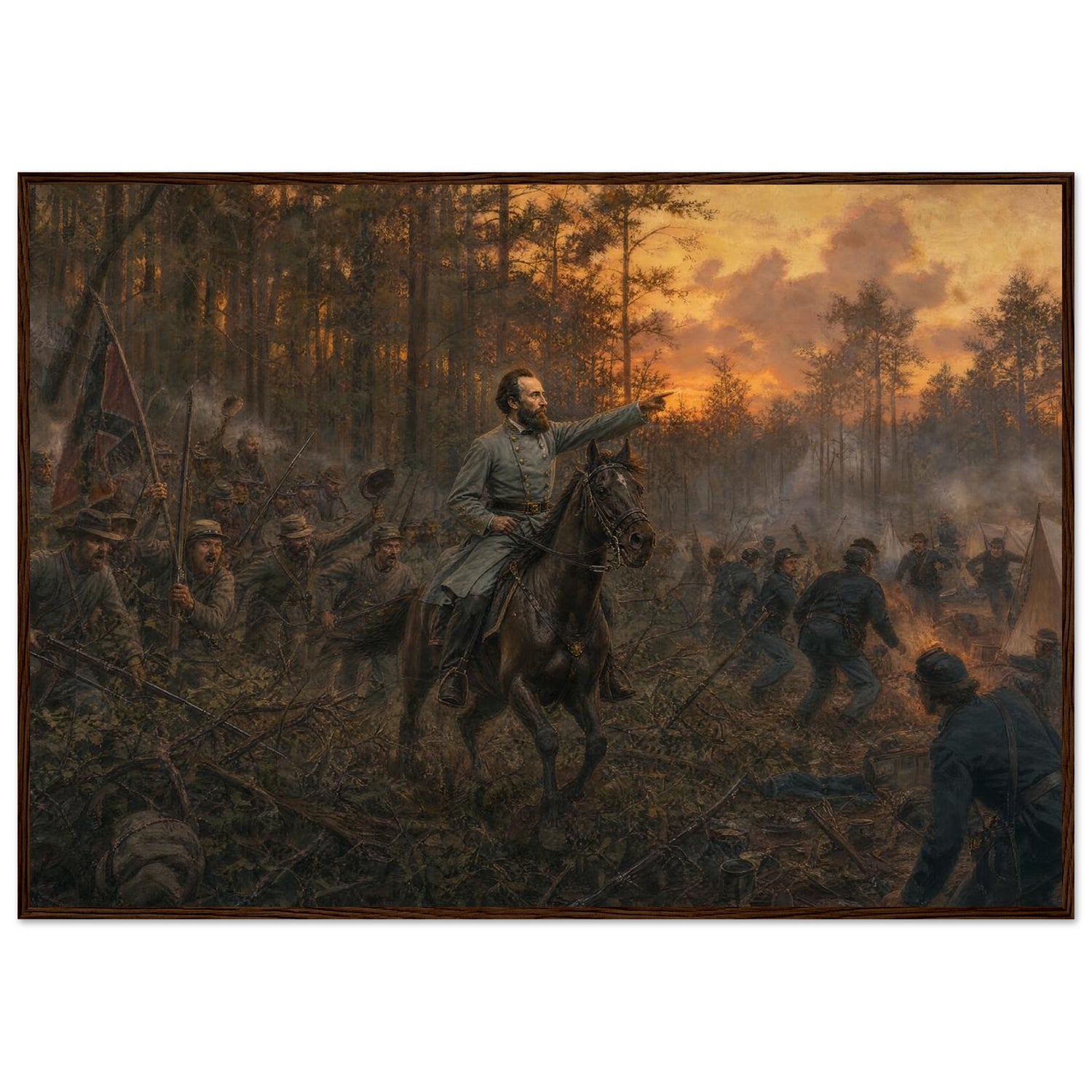 Framed art print of a mounted Civil War officer leading a charge through darkening woods at twilight, in a solid wood frame.