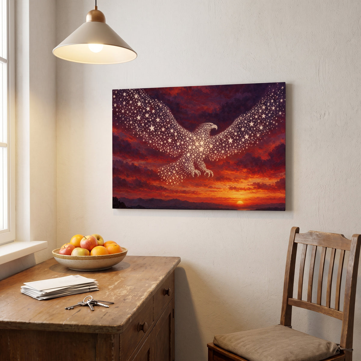 Eagle of Stars – eagle formed from white stars rising over a red sunset sky, patriotic canvas wall art above a sideboard in a dining room