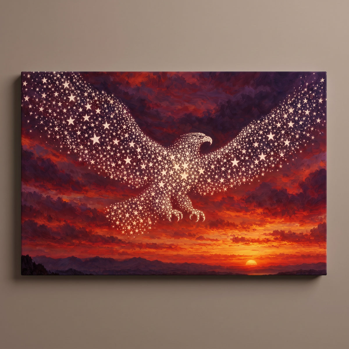 Eagle of Stars – eagle formed from white stars rising over a red sunset sky, patriotic canvas wall art on a taupe wall