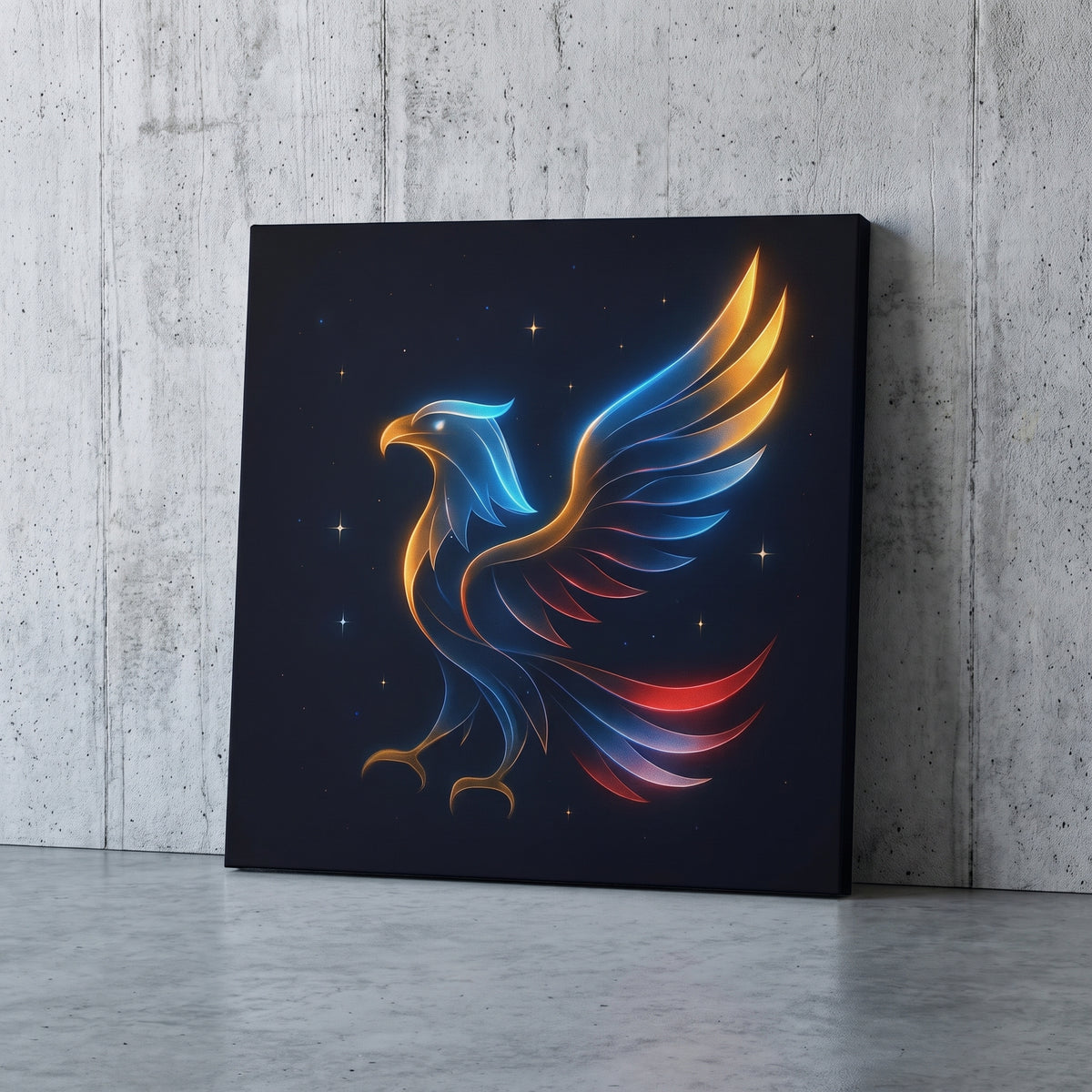 Eagle in the Sky – eagle in red, white and blue light against a night sky, patriotic canvas wall art leaning against a concrete wall