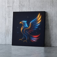 Eagle in the Sky – eagle in red, white and blue light against a night sky, patriotic canvas wall art leaning against a concrete wall
