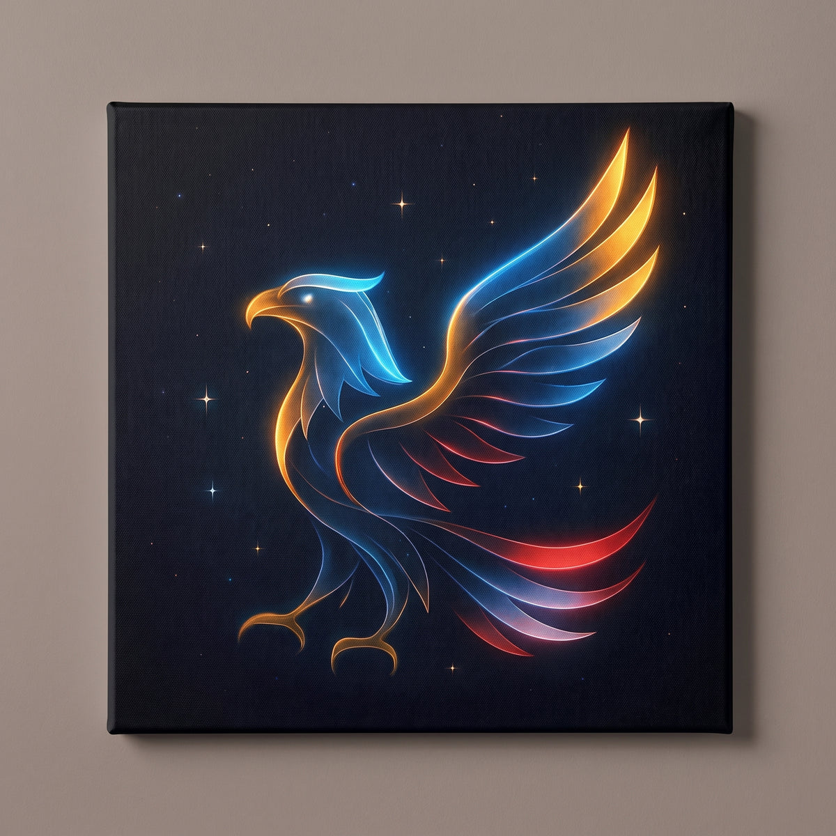Eagle in the Sky – eagle in red, white and blue light against a night sky, patriotic canvas wall art on a taupe wall