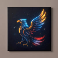 Eagle in the Sky – eagle in red, white and blue light against a night sky, patriotic canvas wall art on a taupe wall