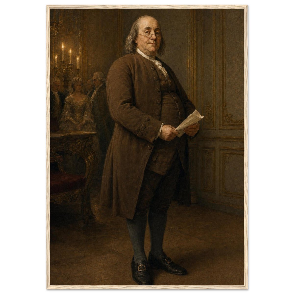 Benjamin Franklin — The Philosopher — framed fine art print of Franklin at Versailles, 12x18″ in a natural wood frame