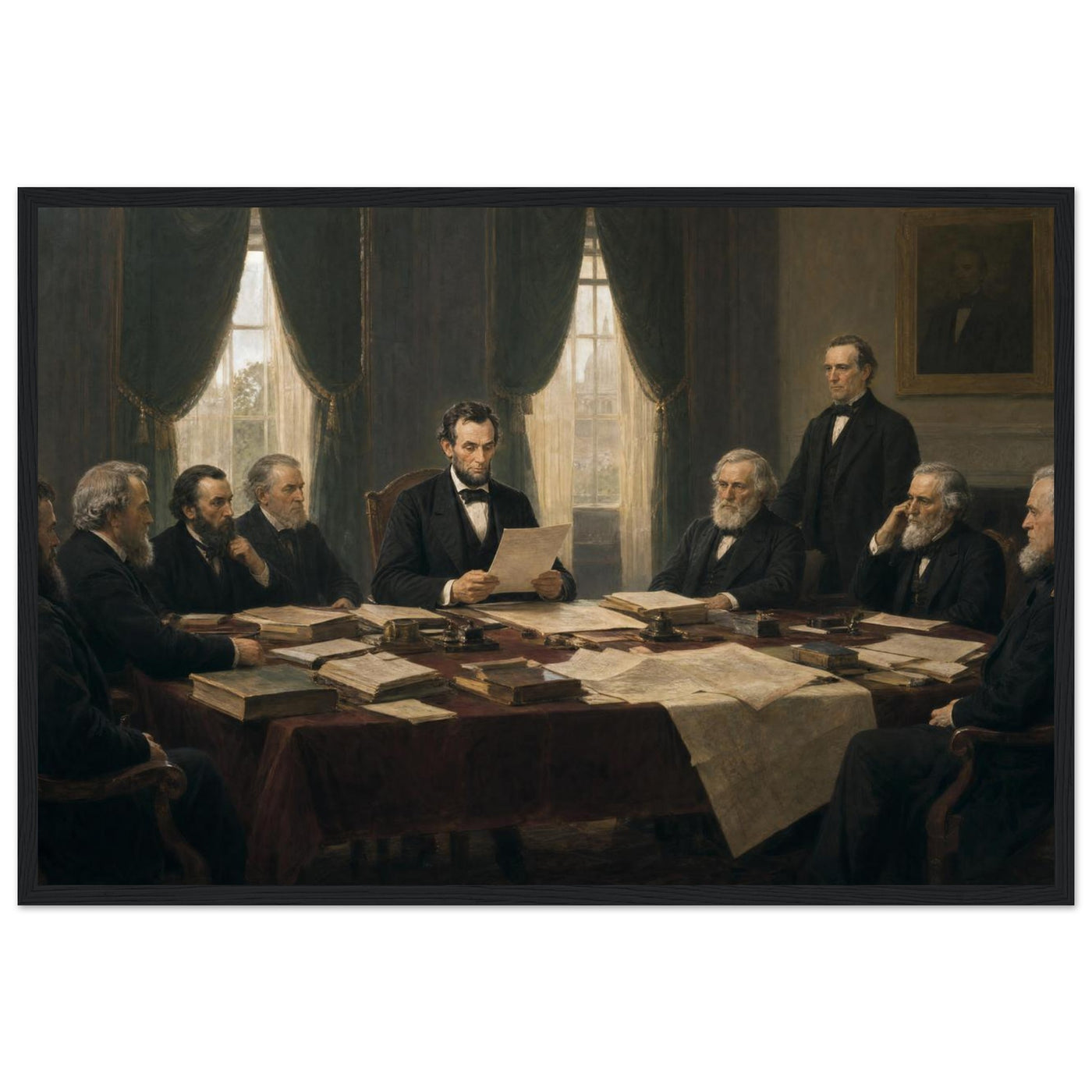 Framed historical painting of President Lincoln seated with his cabinet around a table, in a solid wood frame.