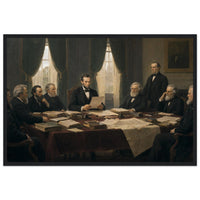 Framed historical painting of President Lincoln seated with his cabinet around a table, in a solid wood frame.