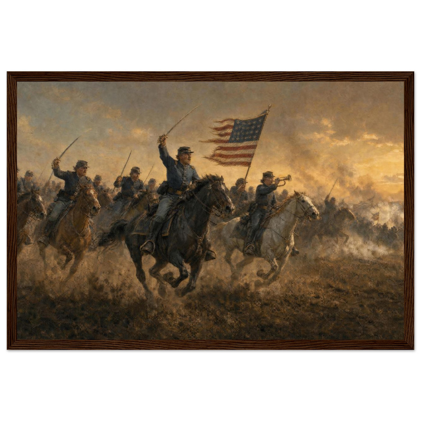 Wooden framed print of a Union cavalry charge — room view, ready to hang.