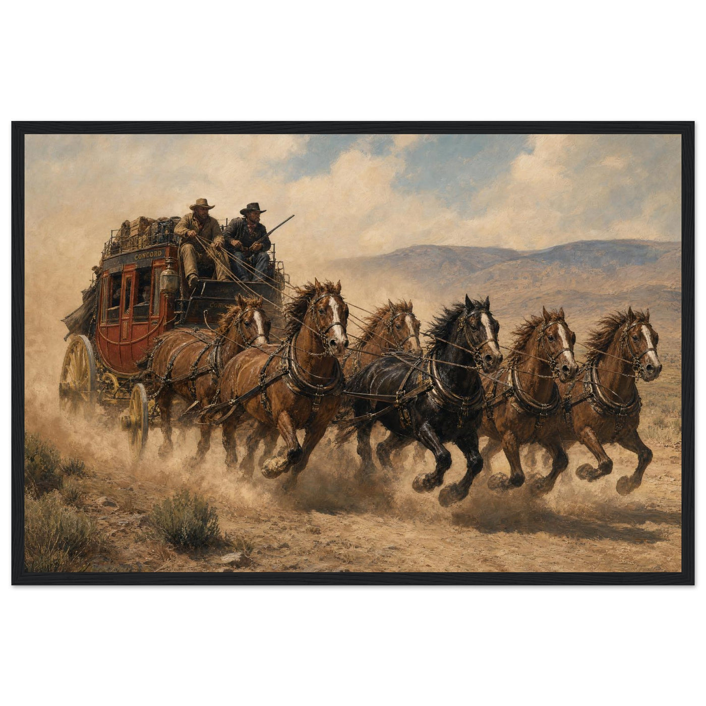 Wooden framed print of a Wild West stagecoach — room view, ready to hang.