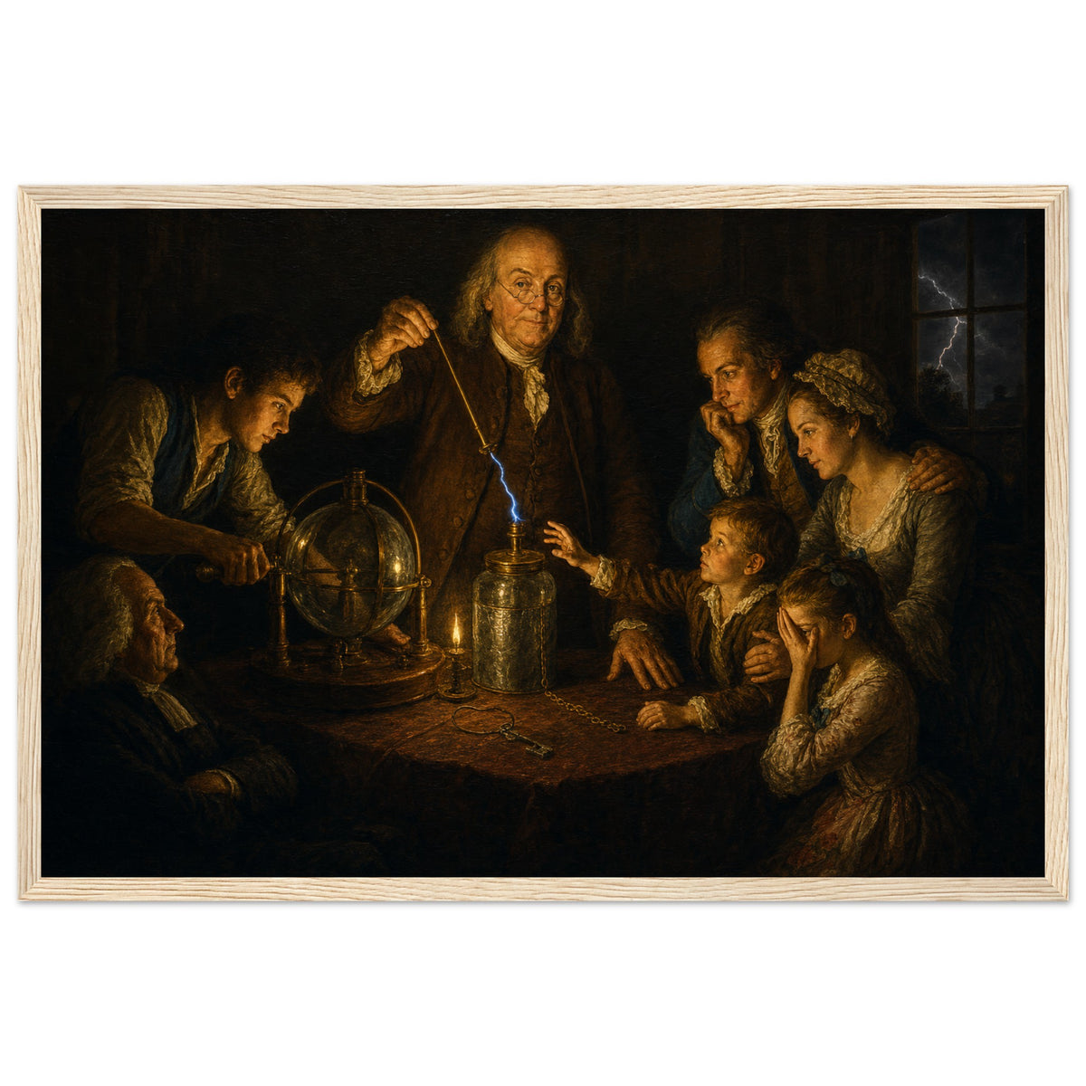 An Experiment on Electricity — framed fine art print of Benjamin Franklin drawing a spark from a Leyden jar for a family by candlelight, in a natural wood frame