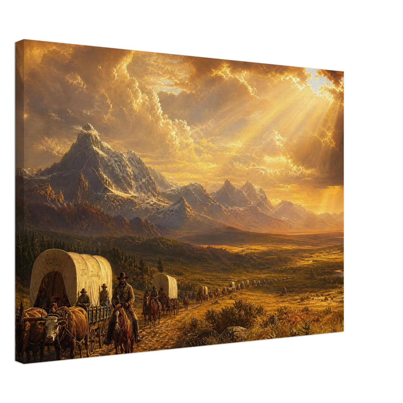 Canvas print of a pioneer wagon at golden hour — room view, ready to hang.