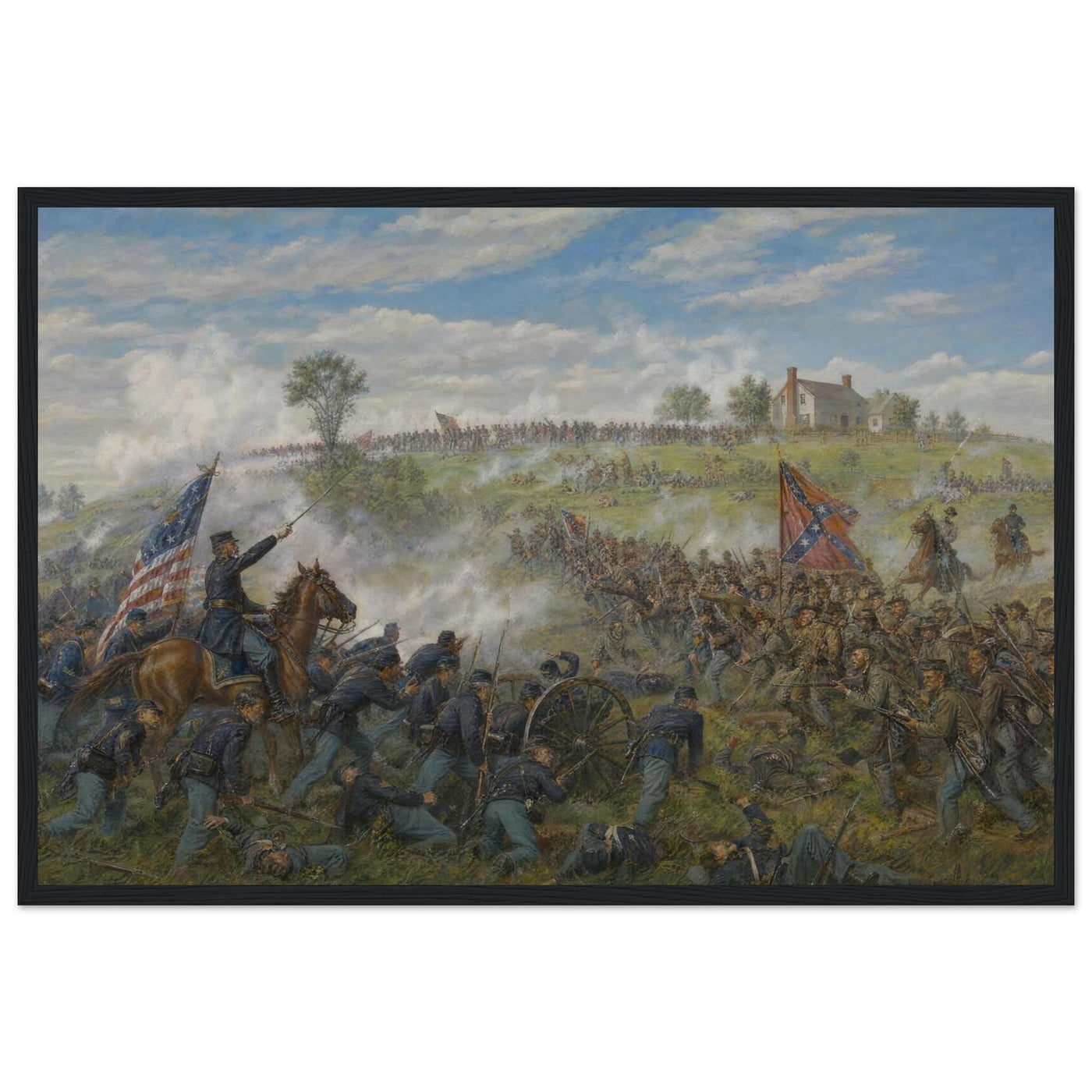 Framed panoramic art print of the smoke-filled Confederate assault during Pickett's Charge at Gettysburg, in a solid wood frame.