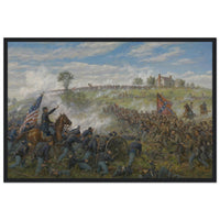 Framed panoramic art print of the smoke-filled Confederate assault during Pickett's Charge at Gettysburg, in a solid wood frame.