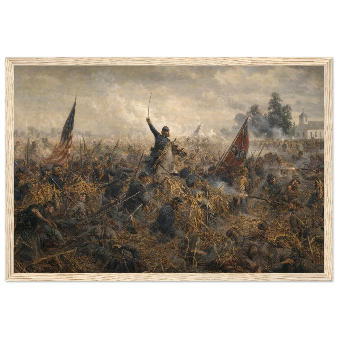 Framed panoramic art print of the Battle of Antietam, in a solid wood frame.