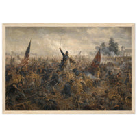 Framed panoramic art print of the Battle of Antietam, in a solid wood frame.