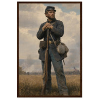Framed portrait painting of a weary Union soldier standing at rest, leaning on his rifle, in a solid wood frame.