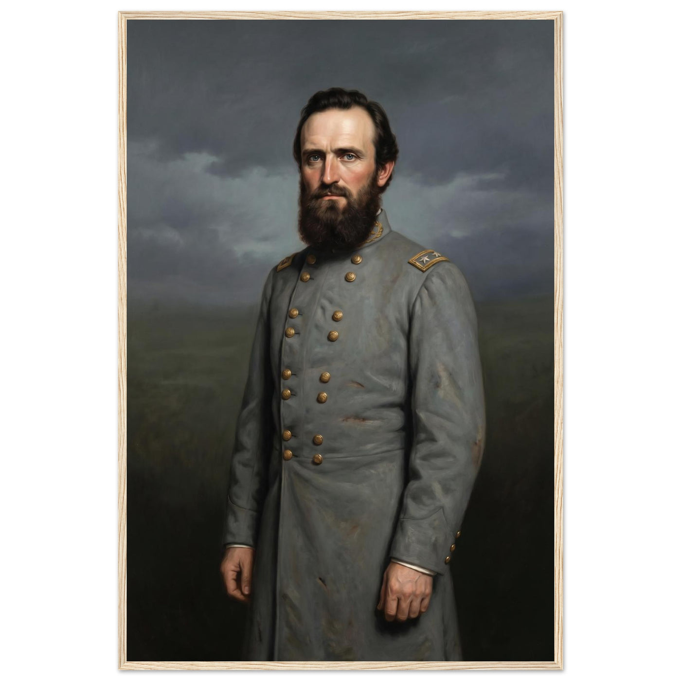 Framed portrait painting of a bearded Confederate general in gray uniform, in a solid wood frame.