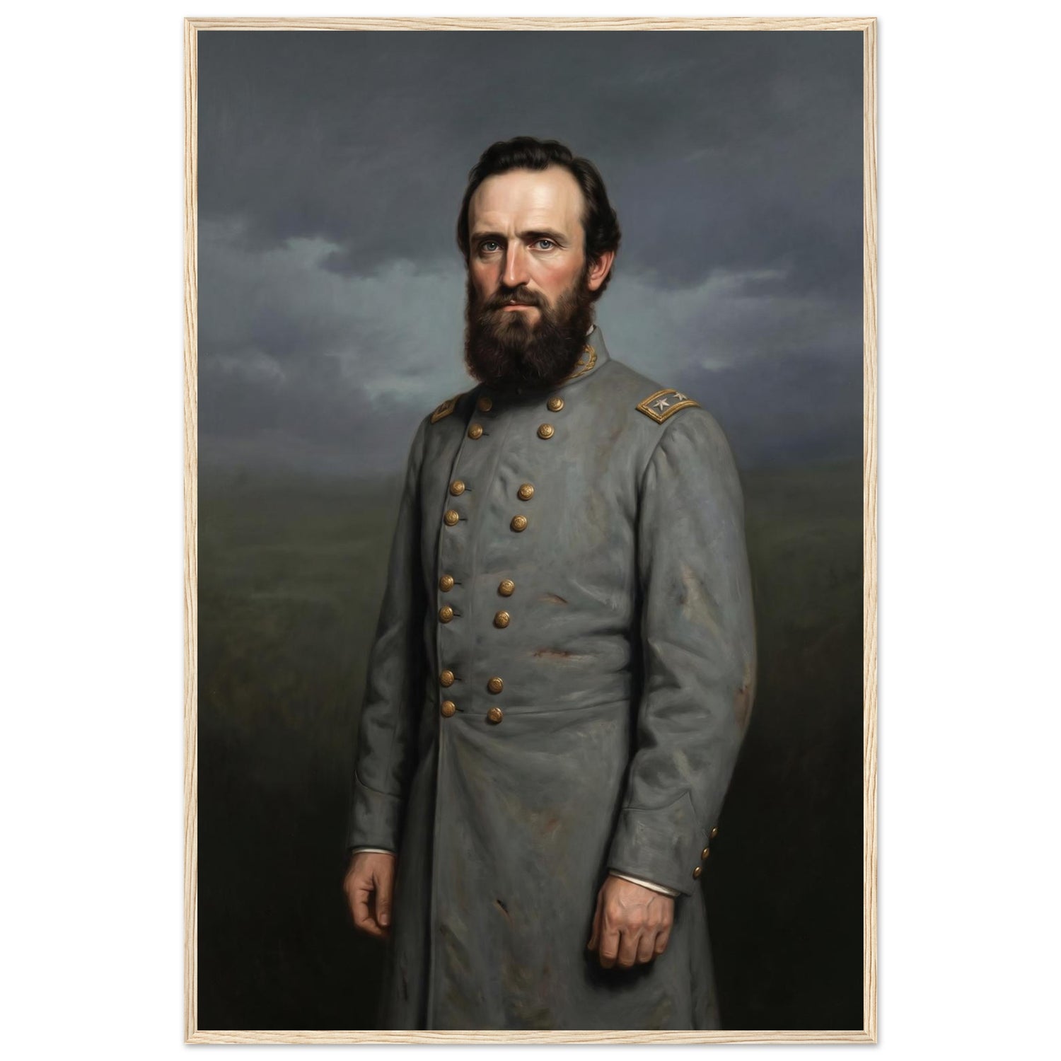 Framed portrait painting of a bearded Confederate general in gray uniform, in a solid wood frame.