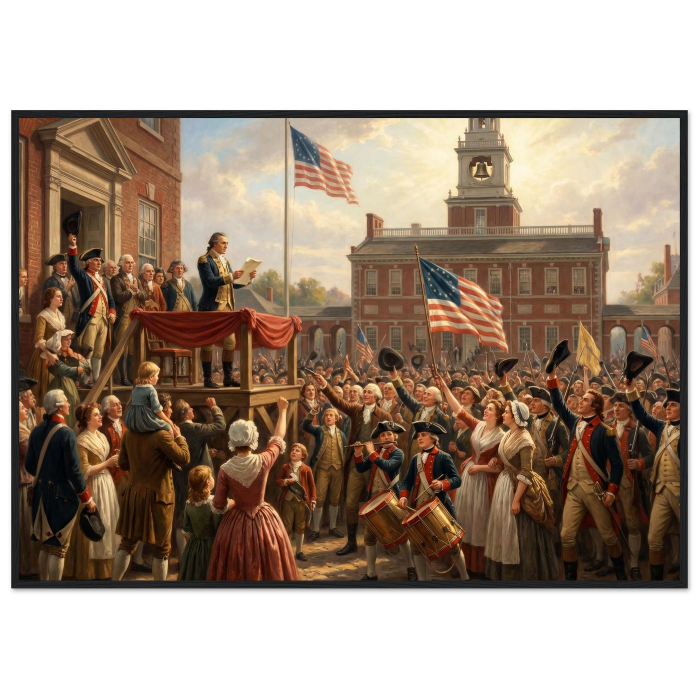 Wooden framed print of the first reading of the Declaration — room view, ready to hang.