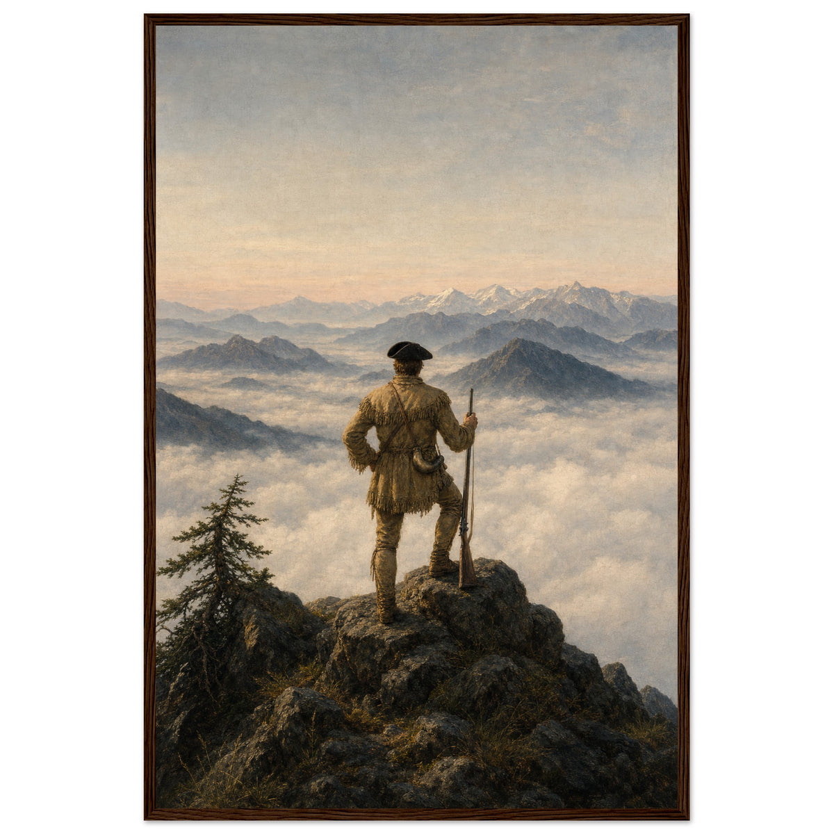 Lewis at the Divide — framed fine art print of a man in a fringed buckskin shirt standing on a crag with a rifle above a sea of cloud, in a dark wood frame
