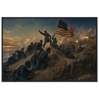 Framed panoramic art print of soldiers advancing through smoke and fire on the battlefield, in a solid wood frame.