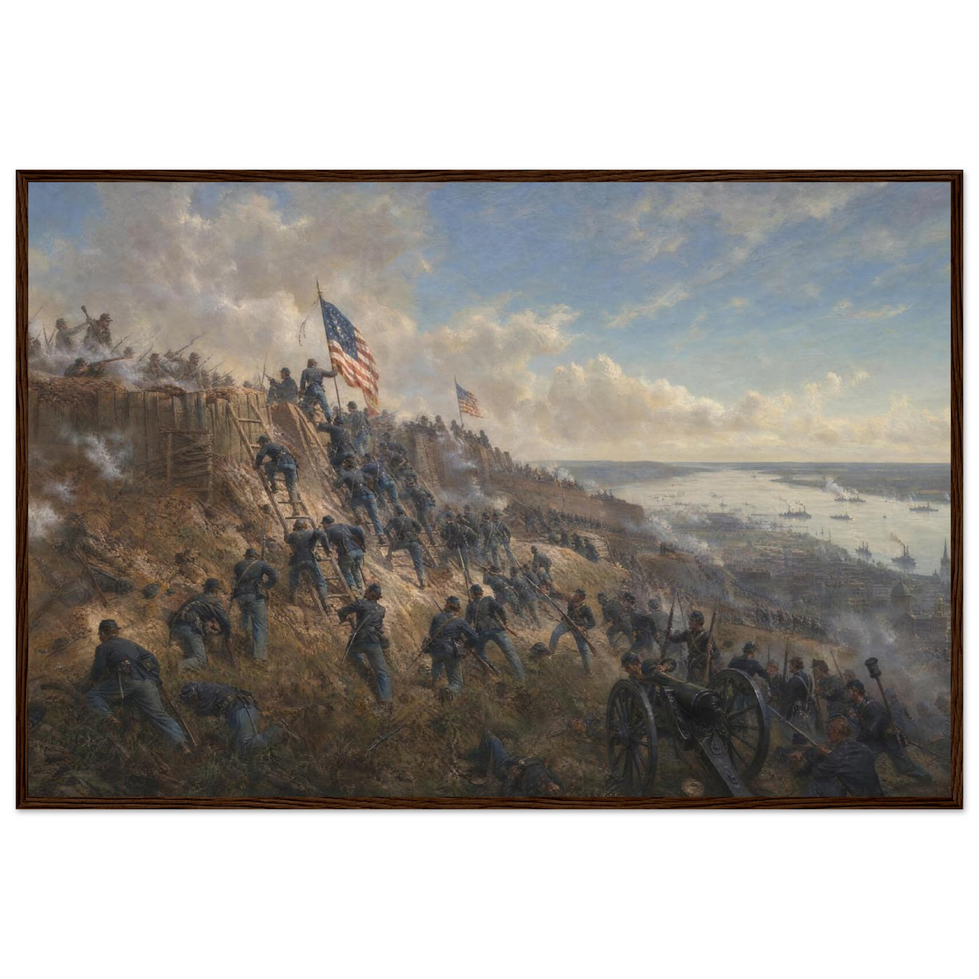 Wooden framed print of the storming of Vicksburg — room view, ready to hang.
