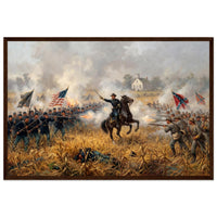 Framed art print of cavalry and infantry clashing amid smoke and flags at the Battle of Antietam, in a solid wood frame.