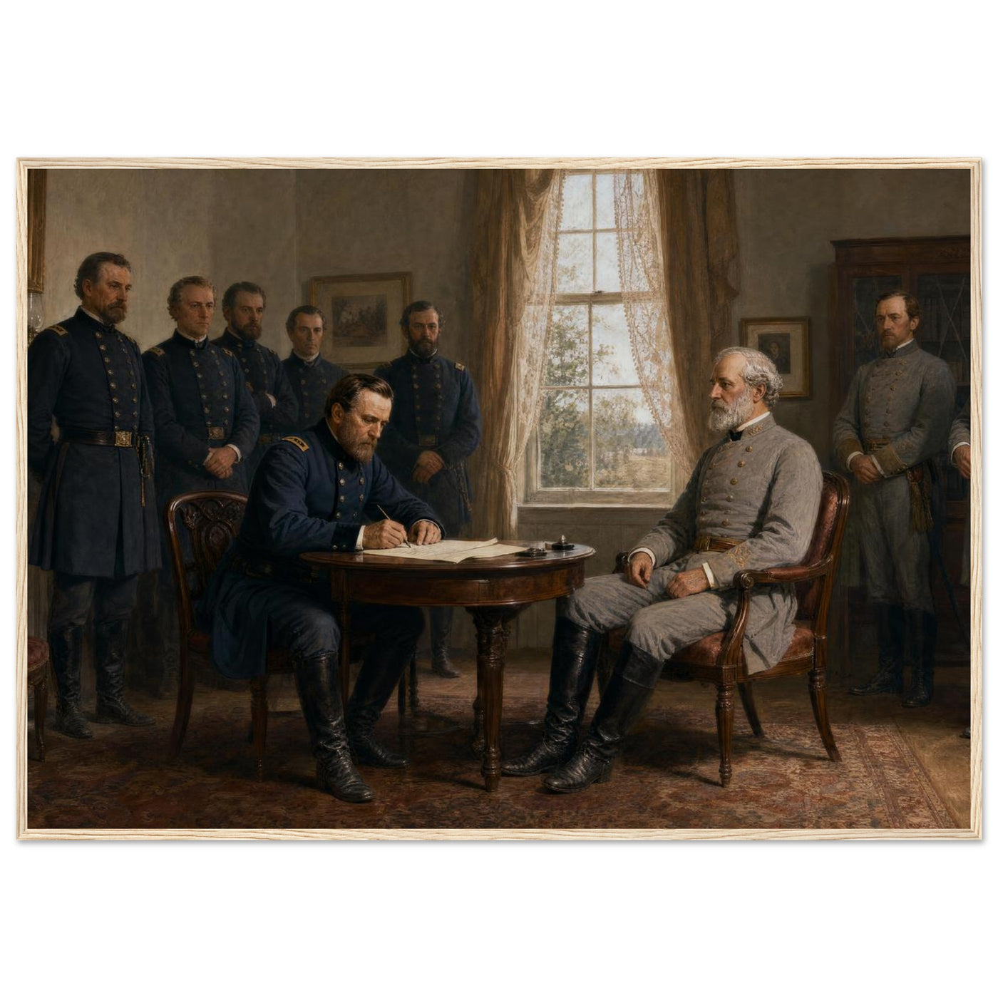 Framed historical painting of General Lee surrendering to General Grant at Appomattox Court House, in a solid wood frame.