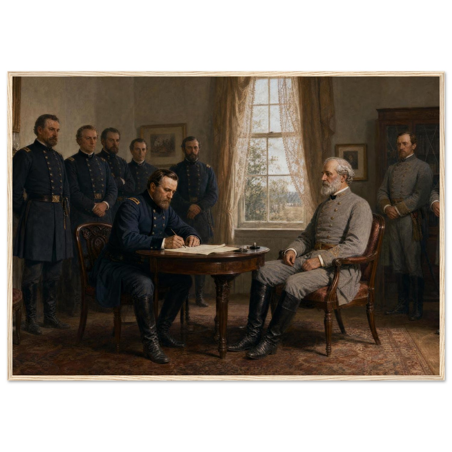 Framed historical painting of General Lee surrendering to General Grant at Appomattox Court House, in a solid wood frame.