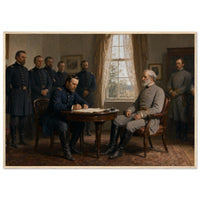 Framed historical painting of General Lee surrendering to General Grant at Appomattox Court House, in a solid wood frame.