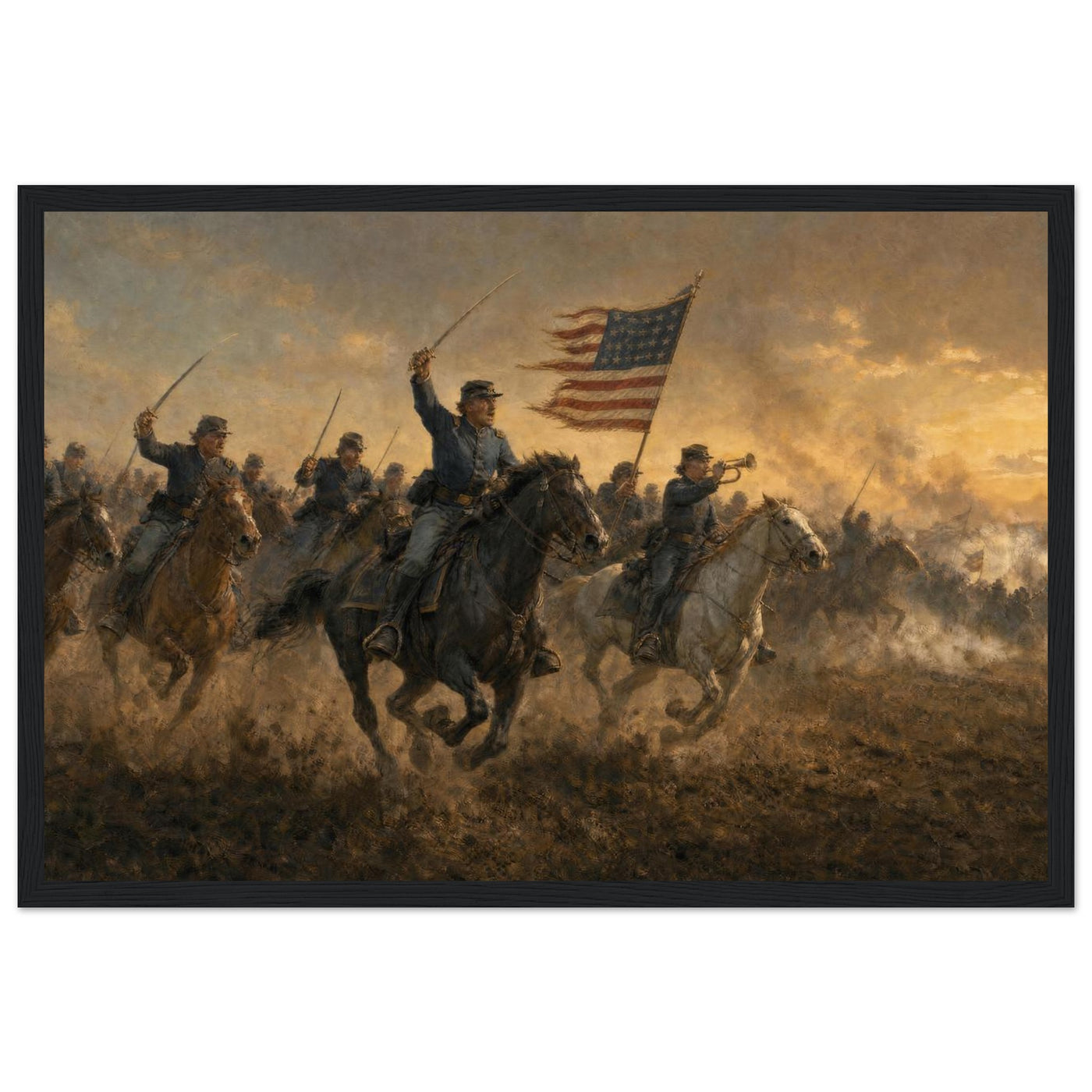 Wooden framed print of a Union cavalry charge — room view, ready to hang.