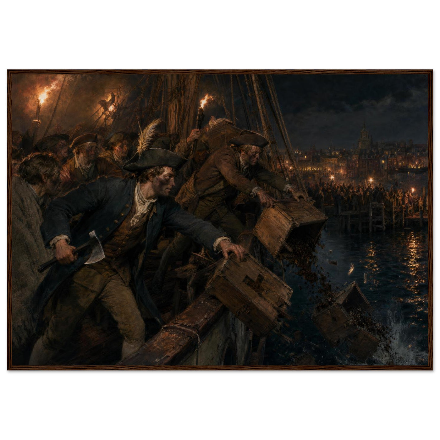 Framed print of the Boston Tea Party, ready to hang.