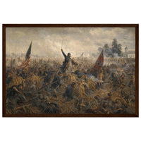 Framed panoramic art print of the Battle of Antietam, in a solid wood frame.