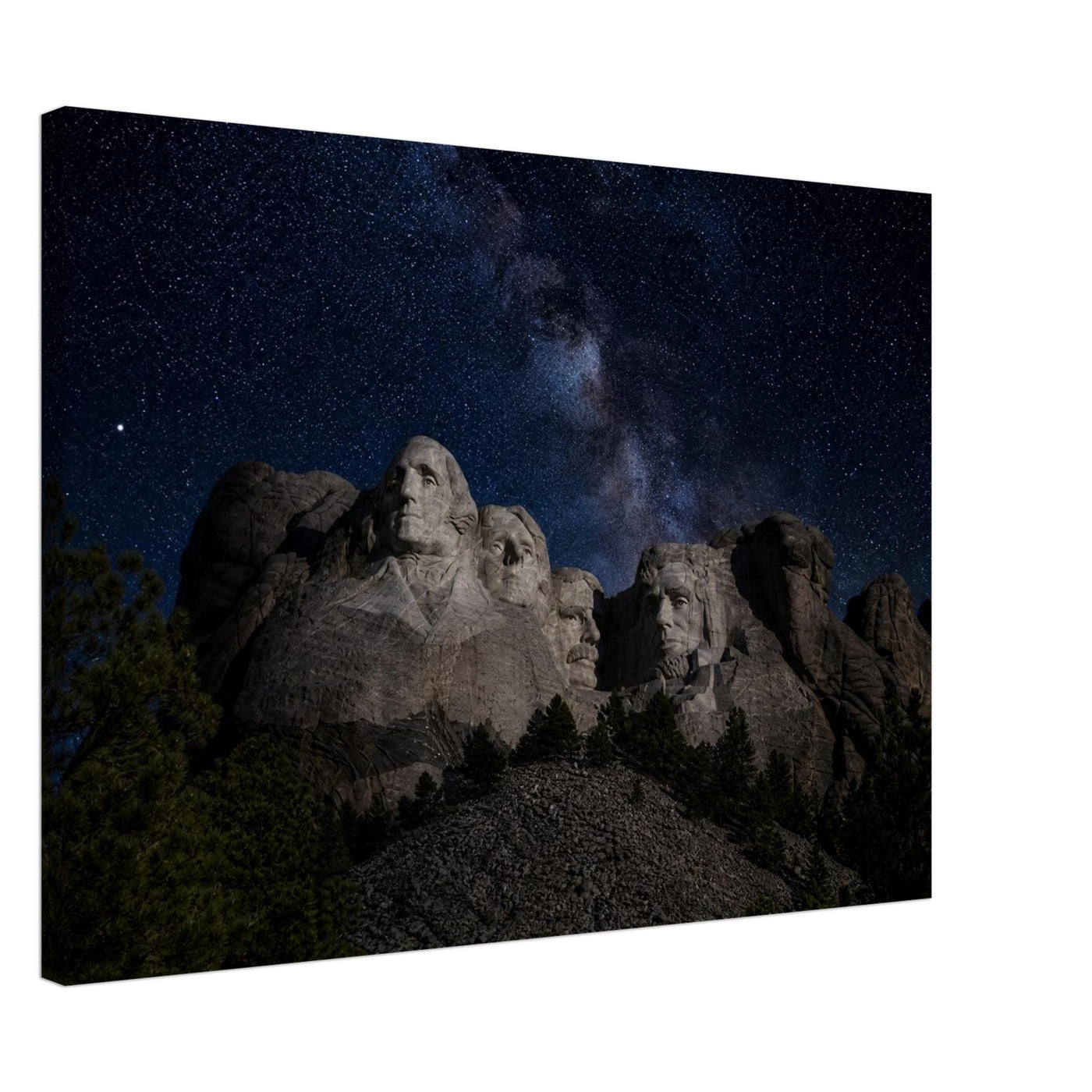 Canvas print of Mount Rushmore under the Milky Way — room view, ready to hang.