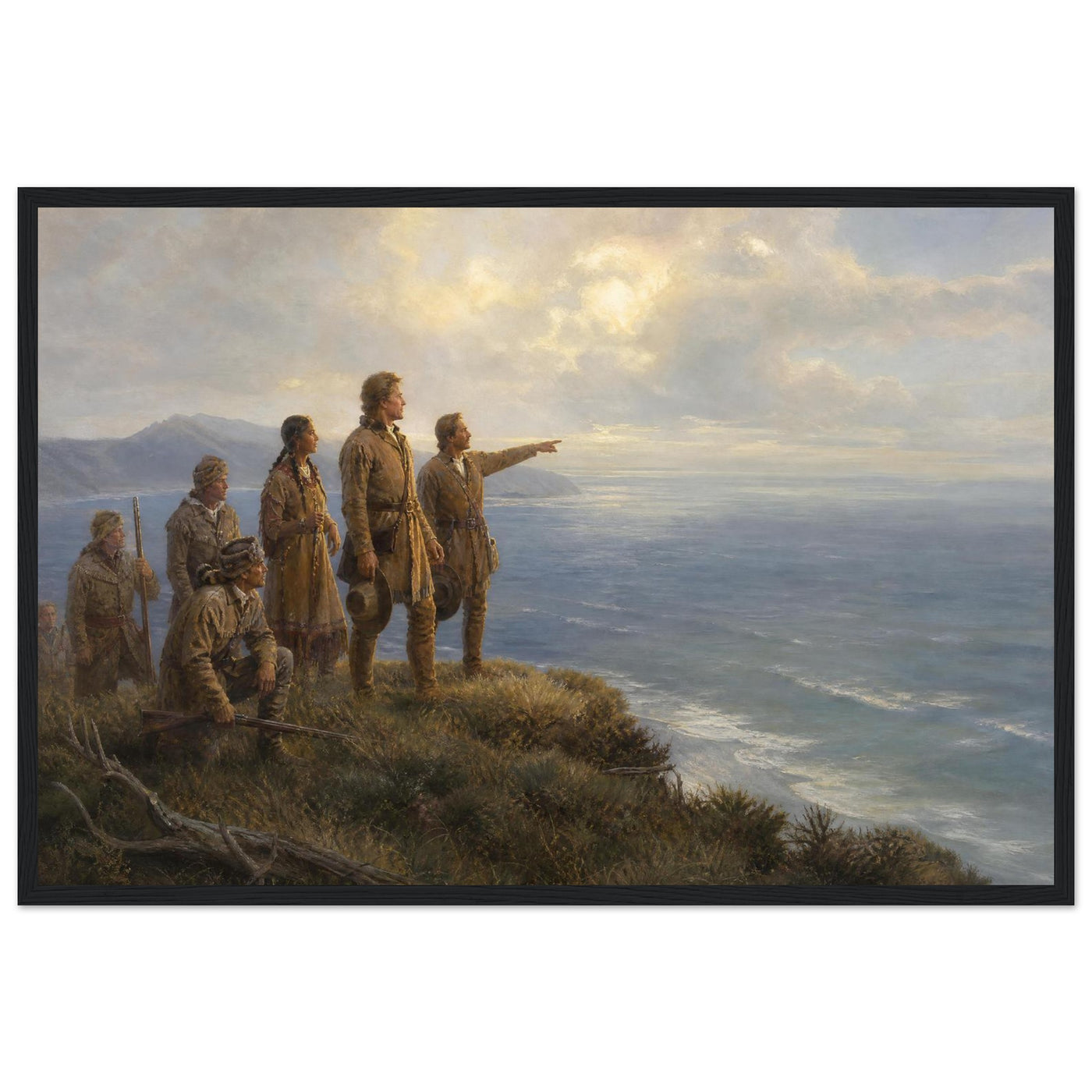 Wooden framed print of Lewis and Clark reaching the Pacific — room view, ready to hang.
