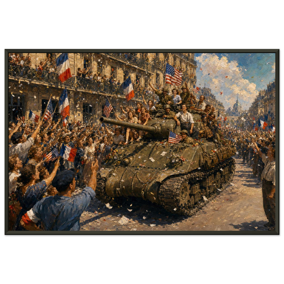 Paris, 25 August 1944 — framed fine art print of a Sherman tank in a cheering Paris crowd, 16x24″ in a black frame