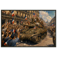 Paris, 25 August 1944 — framed fine art print of a Sherman tank in a cheering Paris crowd, 16x24″ in a black frame
