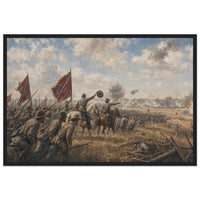 Framed art print of Civil War troops charging across a battlefield beneath a golden dusk sky, in a solid wood frame.