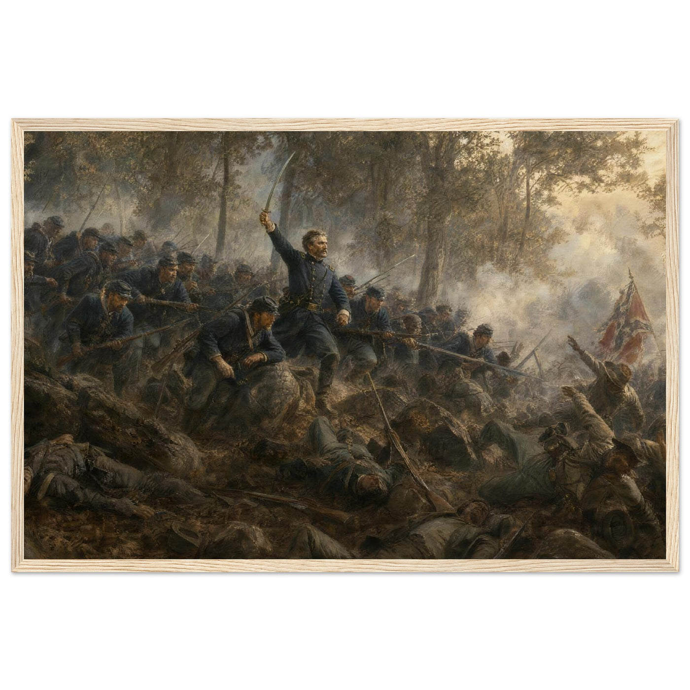 Framed art print of Union infantry charging up a rocky ridge with the colors flying, in a solid wood frame.
