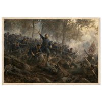 Framed art print of Union infantry charging up a rocky ridge with the colors flying, in a solid wood frame.