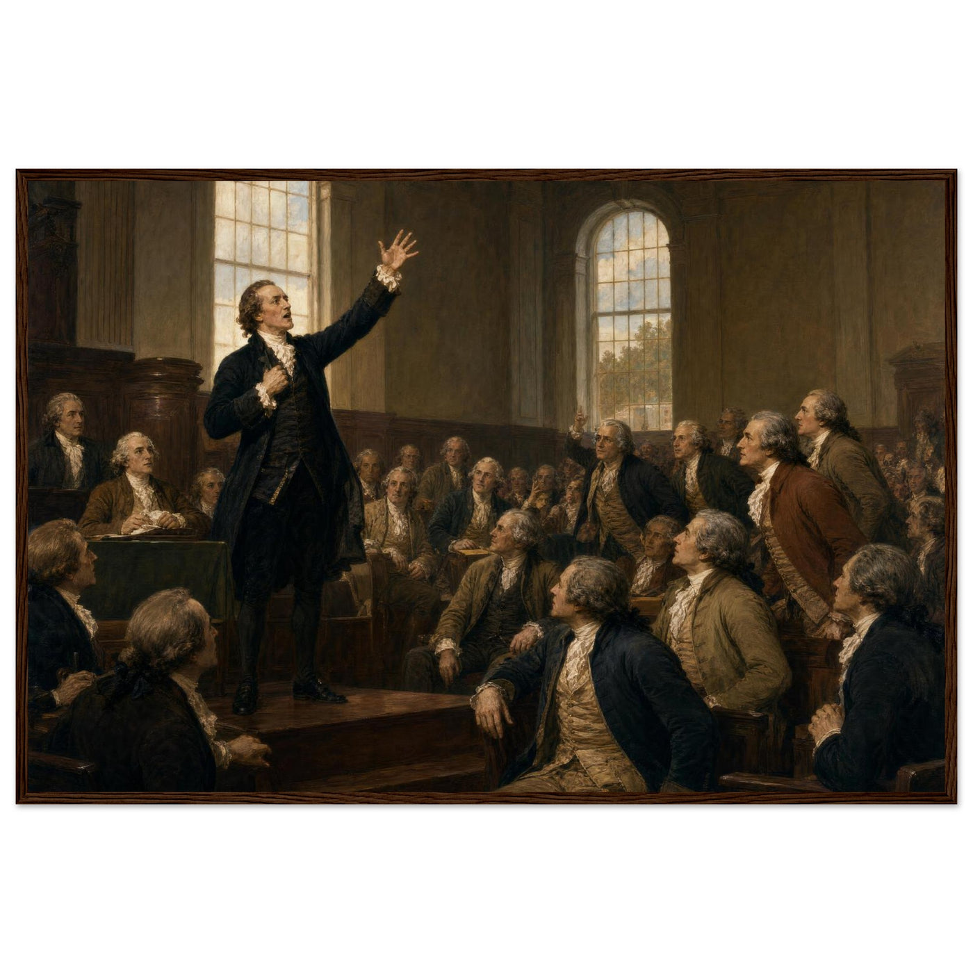 Framed art print of an impassioned orator with raised arm addressing a seated assembly, in a solid wood frame.