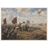 Framed art print of Civil War troops charging across a battlefield beneath a golden dusk sky, in a solid wood frame.