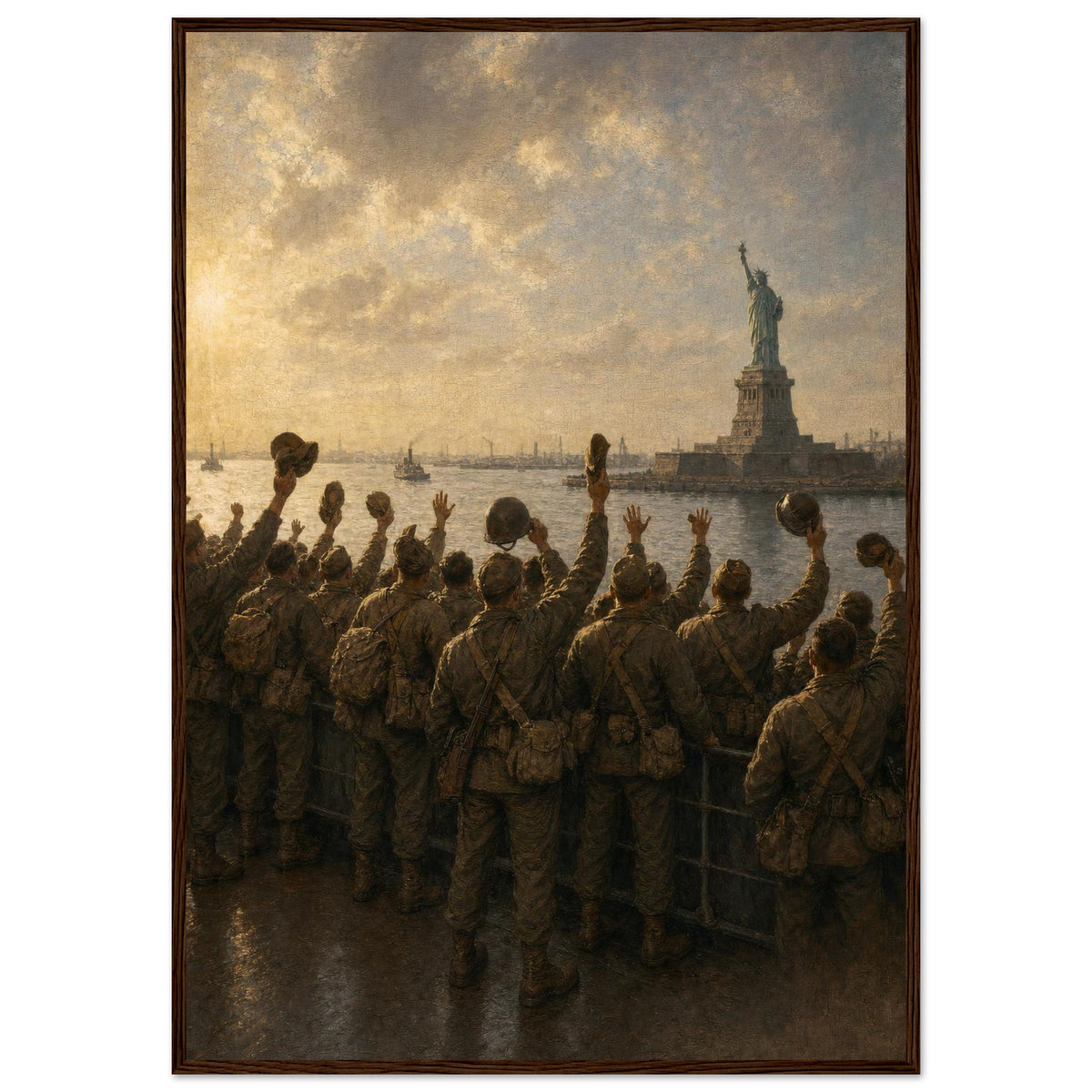 Into New York Harbor — framed fine art print of troops waving at the Statue of Liberty, 12x18″ in a dark wood frame
